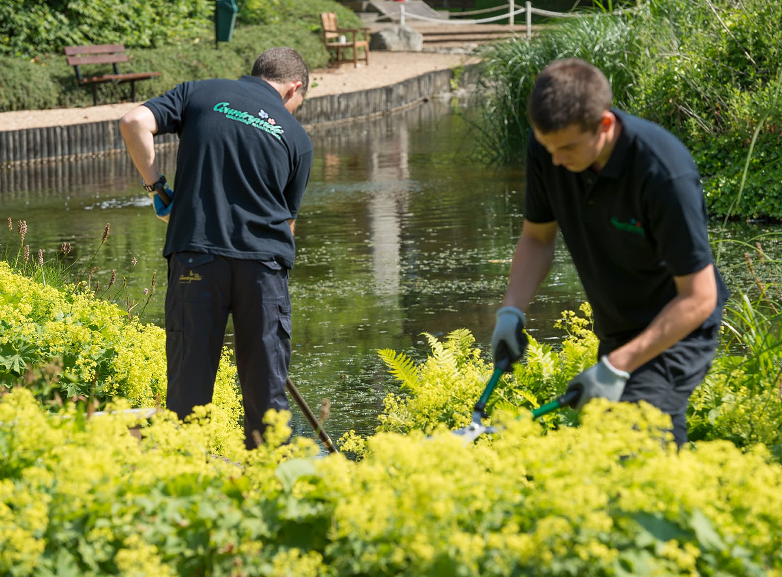 Two men in Countrywide uniform tending to the hedges next to a pond