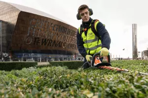 man cutting bush with strimmer 